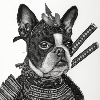 Boston Terrier Samurai in Pointillism Style