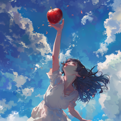 Anime Woman Reaching for Apple in the Air