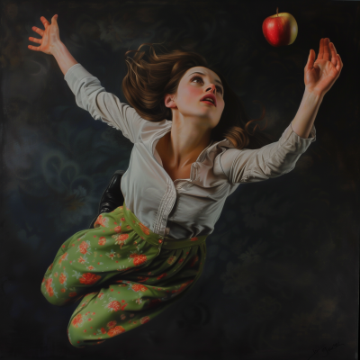 Woman reaching for an apple in the air
