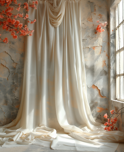 Elegant Cream Curtains and Orange Blossoms Near Window