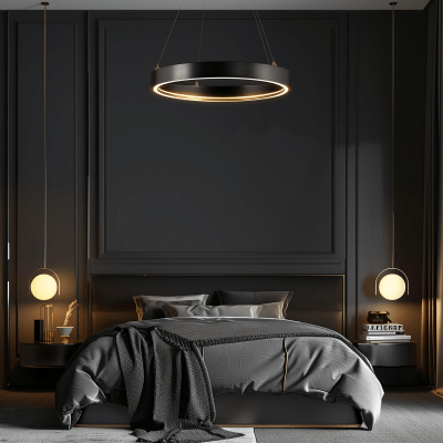 Black Modern Bedroom with Contemporary Chandelier