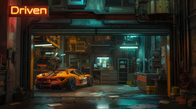 Neon-lit Race Car in Garage