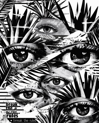 Black and White Abstract Illustration with Eyes and Palm Leaves