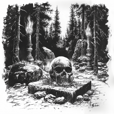 Eerie Woodland Scene with Human Skull and Torches