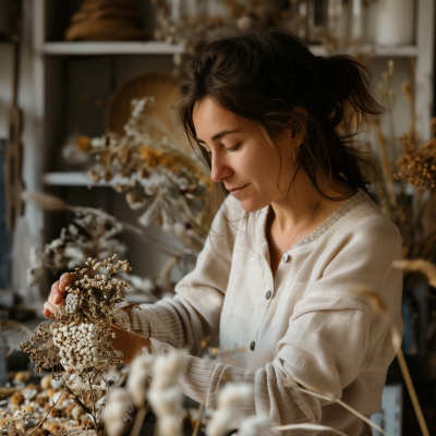Woman with brown hair working with dried flowers