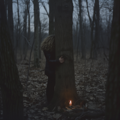 Woman Hugging Tree in the Woods at Evening