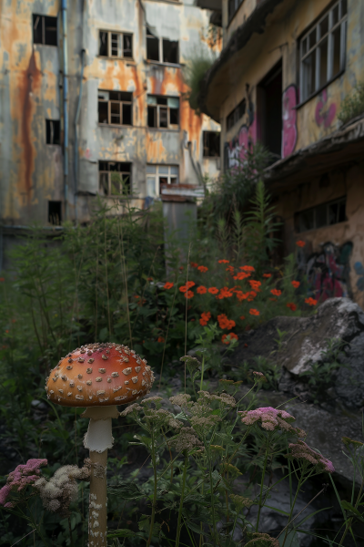 Eerie Abandoned City with Flowers and Mushrooms