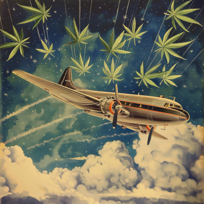 Airplane Flying in Space with Marijuana Leaves in Norman Rockwell Style