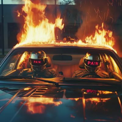 Burning Car with Daft Punk Style Helmets