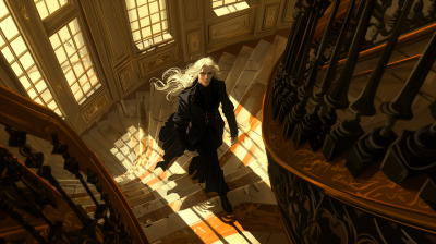 Solemn Teenage Aristocratic Man on Winding Staircase