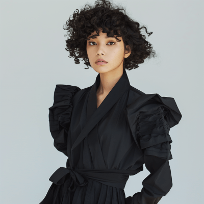 Stunning Curly Fashion Model in Black Korean Outfit