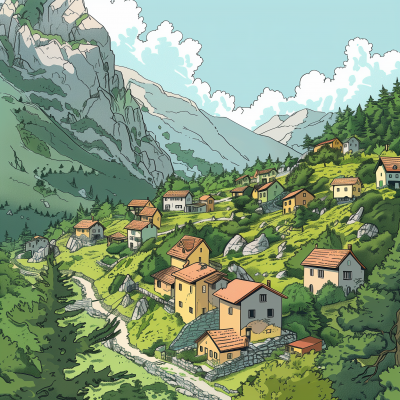 Small Mountain Village Minimalistic Design Comic
