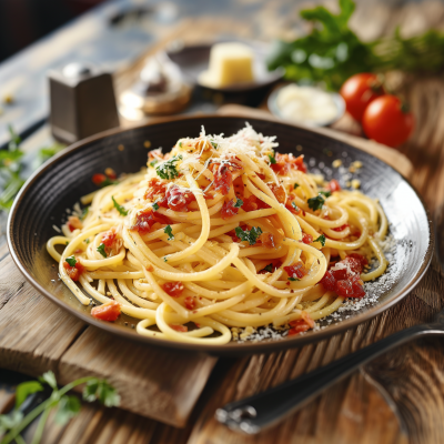 Spaghetti Carbonara on Wooden Table