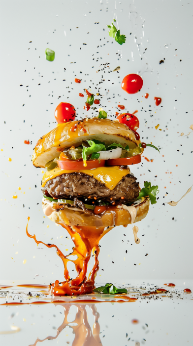 Exploding Burger with Vegetables and Melted Cheese