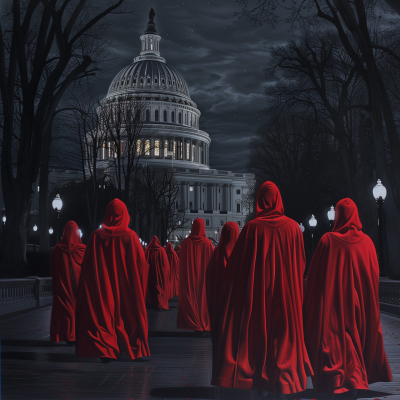 Red Robed Figures around Capital Building