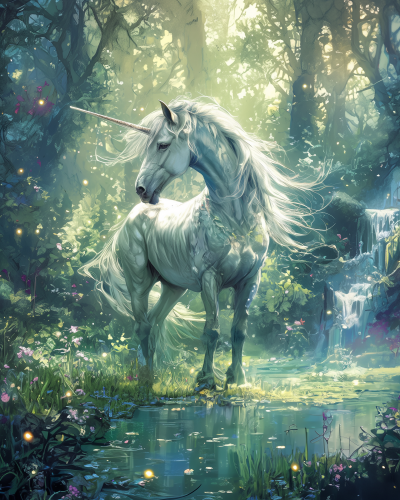 Mystical White Unicorn in Surreal Forest