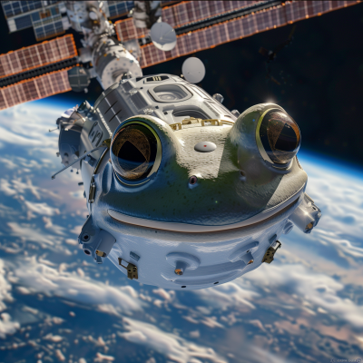 Frog-shaped spacecraft approaching ISS