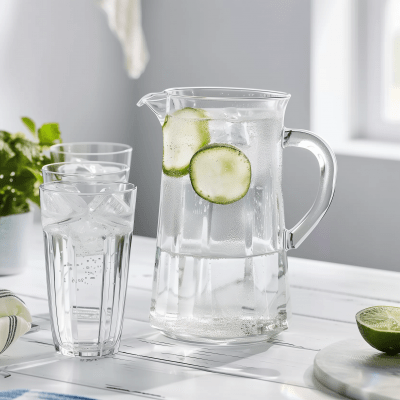 Clear Pitcher and Cups on White Table