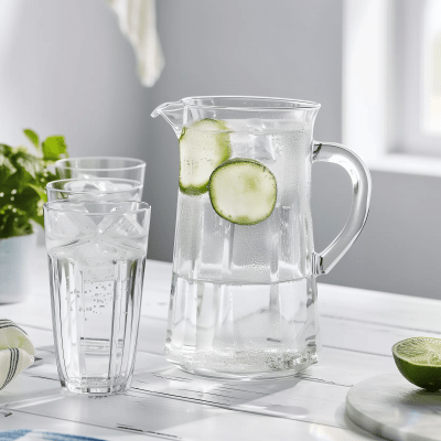 Clear Pitcher on White Wooden Table