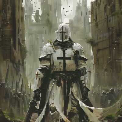 Futuristic White Crusader in Ruins