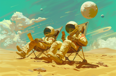 Astronauts Relaxing in Desert with Spaceships