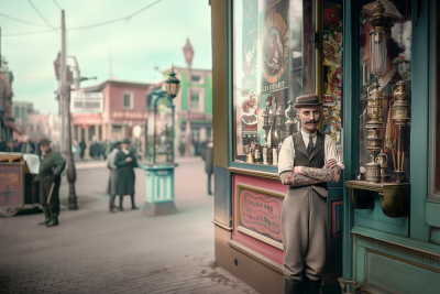 Vintage Tattooed Man in Front of Tattoo Parlor