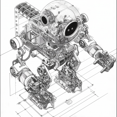 Axonometric Cyborg Mascot Drawing