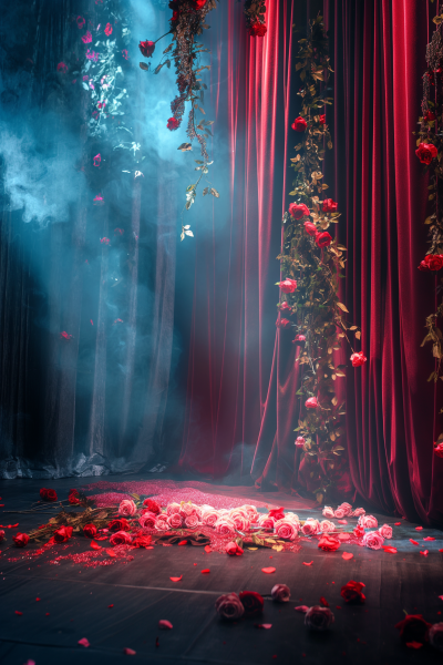 Luxurious Stage with Red Curtain and Roses