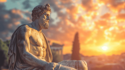 Greek Philosopher Statue at Sunset