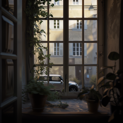 Courtyard Window with Blurred Mini Cooper