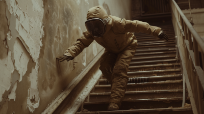 Man Running Down the Stairs in Protective Suit