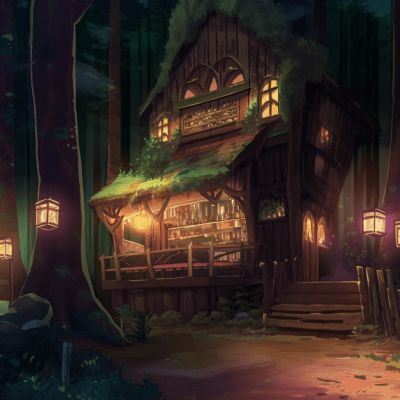 Medieval Bar in Forest at Night