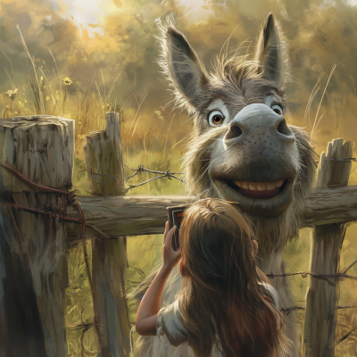 Whimsical Donkey Peering Over Wooden Fence