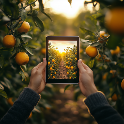 Hands holding a tablet in an orange plantation at sunset