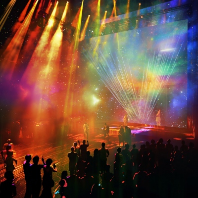 Dynamic Holographic Concert Scene with Golden Light Show