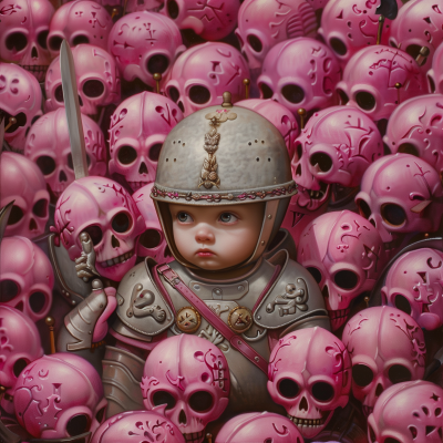 Baby Boy in Armor surrounded by Tiny Soldiers