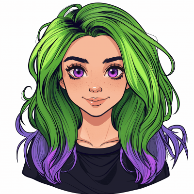 Cartoon Teen with Chubby Face, Green Hair, and Purple Eyes