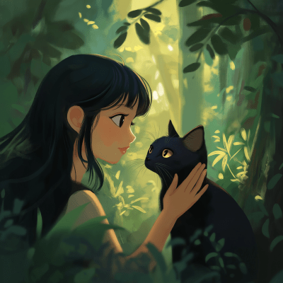 Asian Girl with Cat in Forest