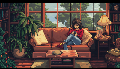 Chilling on a Couch in 8-bit Pixel Art Style