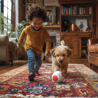 Joyful Football Play on a Vibrant Rug