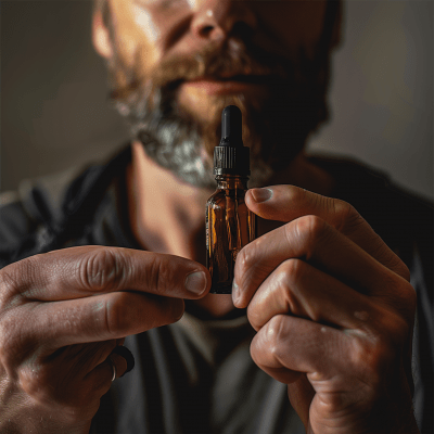 Close-up of a man holding a brown amber bottle