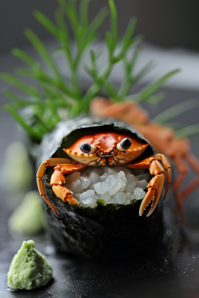 Crab peeking out of gunkan sushi