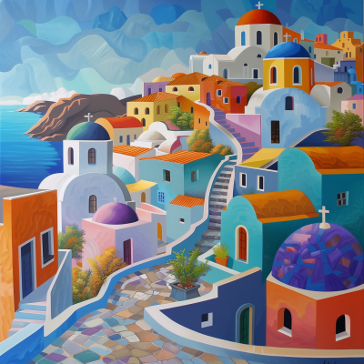 Colorful Modern Artistic Interpretation of a Greek City