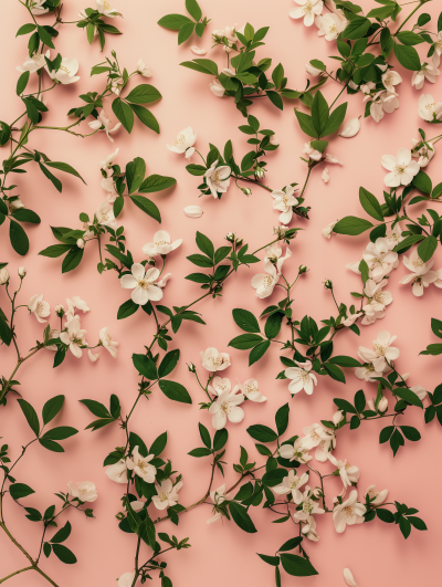 Green and White Flowers on Pink Background