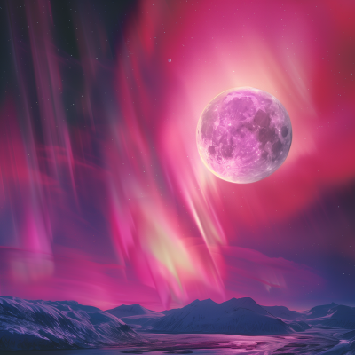 Moon and Aurora Lights in the Night Sky