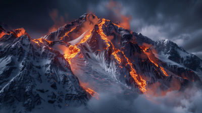 Glowing Volcanic Cracks on Snow Capped Mountain