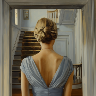 Woman in Blue Dress Walking Down Staircase