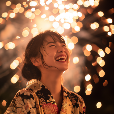 Japanese Woman Laughing at Fireworks