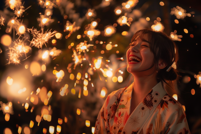 Japanese Young Woman Laughing with Fireworks