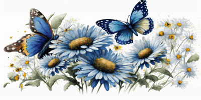 Blue Daisies with Butterflies